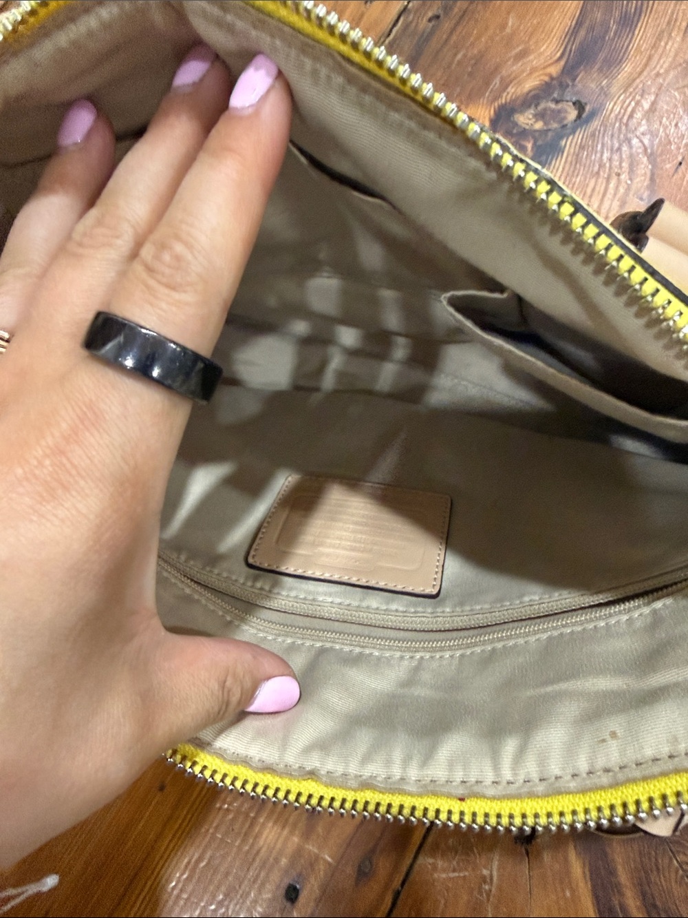 Coach Beige Signature Tote and Wristlet with Yellow and White Stripe - Picture 12 of 13
